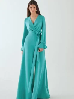 Robe de mariée pour mère de la mariée col en V manches longues combinaison avec n艙uds longueur au sol robes d'invitées de mariage