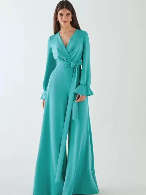 Robe de mariée pour mère de la mariée col en V manches longues combinaison avec n艙uds longueur au sol robes d'invitées de mariage