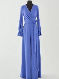 Robe de mariée pour mère de la mariée col en V manches longues combinaison avec n艙uds longueur au sol robes d'invitées de mariage