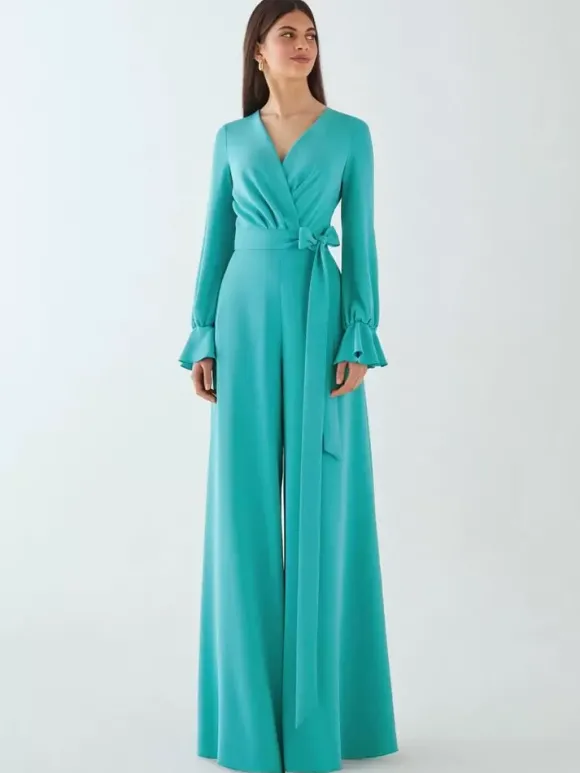 Robe de mariée pour mère de la mariée col en V manches longues combinaison avec n艙uds longueur au sol robes d'invitées de mariage