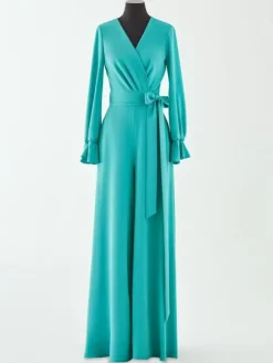 Robe de mariée pour mère de la mariée col en V manches longues combinaison avec n艙uds longueur au sol robes d'invitées de mariage