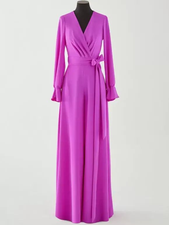 Robe de mariée pour mère de la mariée col en V manches longues combinaison avec n艙uds longueur au sol robes d'invitées de mariage