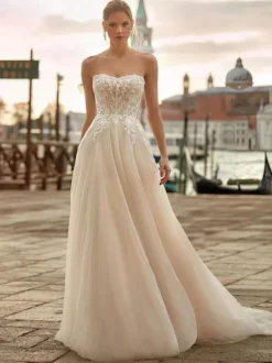 Robe de mariée princesse en dentelle bustier boutonné sur dos à traîne