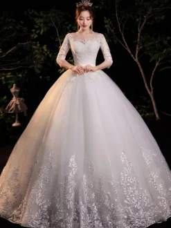Robe de mariée princesse robe de mariage demi manhce à grande traîne laçage sur dos