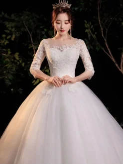 Robe de mariée princesse robe de mariage demi manhce à grande traîne laçage sur dos
