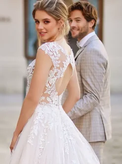 Robe de mariée robe de bal ligne a avec traîne col en V manches courtes taille naturelle dentelle robes de mariée en dentelle