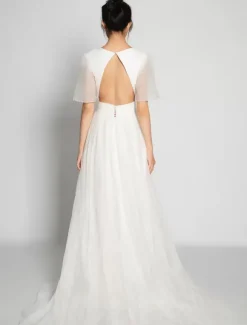 Robe de mariée simple A-ligne col en V manches courtes boutonné sur dos au sol
