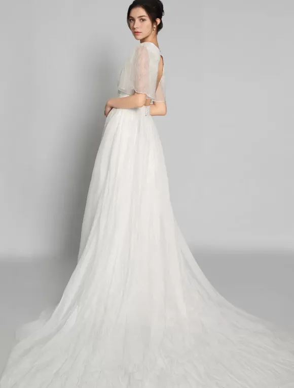 Robe de mariée simple A-ligne col en V manches courtes boutonné sur dos au sol