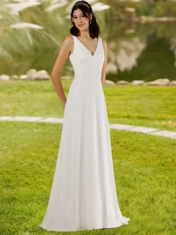 Robe de mariée simple A-ligne Col en V Boutons sans manches Robes de mariée