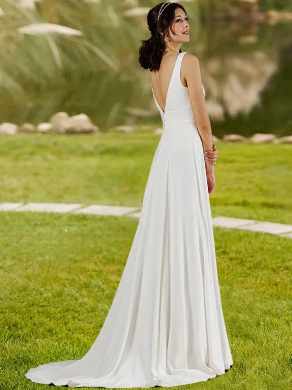 Robe de mariée simple A-ligne Col en V Boutons sans manches Robes de mariée