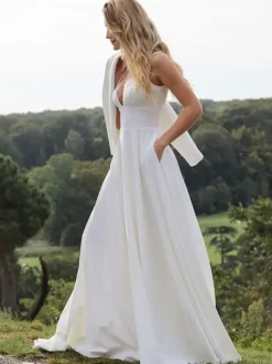 Robe de mariée simple A-ligne Col en V Robes de mariée sans manches