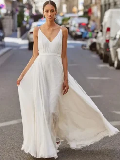 Robe de mariée simple A-ligne col en V sans manches robes de mariée
