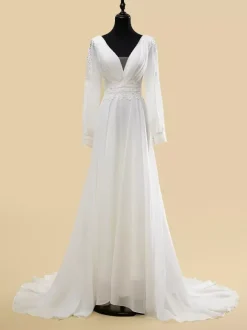 Robe de mariée simple A-Line col en V manches longues découpées 40 cm robes de mariée