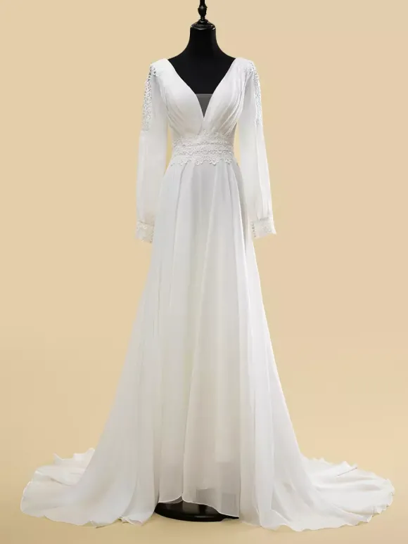 Robe de mariée simple A-Line col en V manches longues découpées 40 cm robes de mariée