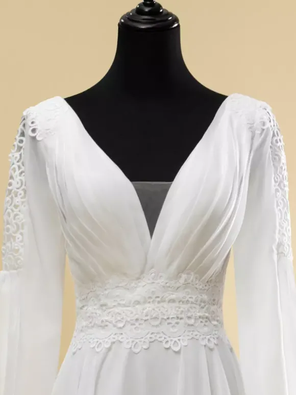 Robe de mariée simple A-Line col en V manches longues découpées 40 cm robes de mariée