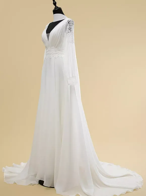 Robe de mariée simple A-Line col en V manches longues découpées 40 cm robes de mariée