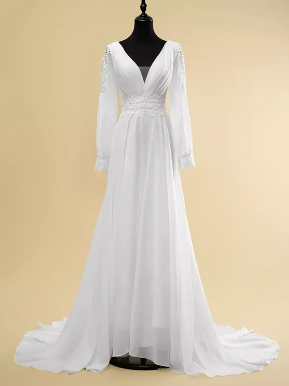 Robe de mariée simple A-Line col en V manches longues découpées 40 cm robes de mariée