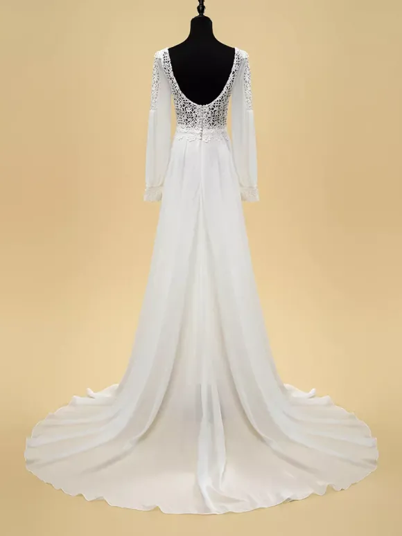 Robe de mariée simple A-Line col en V manches longues découpées 40 cm robes de mariée