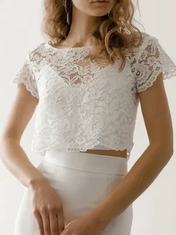 Robe de mariée simple blanche deux pièces Top en dentelle col rond jupe droite à traîne