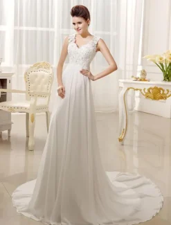Robe de mariée simple blanche en dentelle co V en dentelle boutonné sur dos jupe plissée robe de mariage