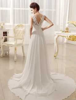 Robe de mariée simple blanche en dentelle co V en dentelle boutonné sur dos jupe plissée robe de mariage