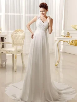 Robe de mariée simple blanche en dentelle co V en dentelle boutonné sur dos jupe plissée robe de mariage