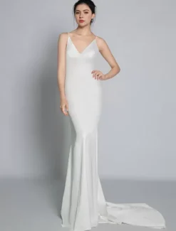 Robe de mariée simple blanche en satin col V décolleté longueur au sol Robe de mariage