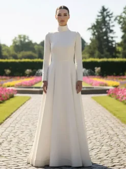 Robe de Mariée Simple Blanc  manches longues col roulé Tissu de satin Robes de mariée