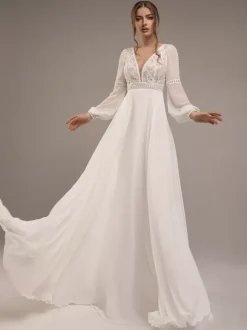 Robe de mariée simple col V manche longue dos en dentelle décoré des boutons longueur au sol