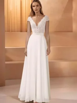 Robe de mariée simple en dentelle à col en V et manches courtes en dentelle Robe de mariée trapèze