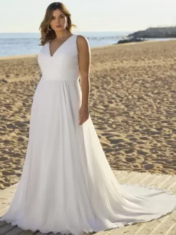 Robe de mariée simple en mousseline de soie col en V sans manches ceinture robes de mariée trapèze
