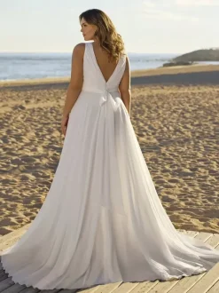 Robe de mariée simple en mousseline de soie col en V sans manches ceinture robes de mariée trapèze