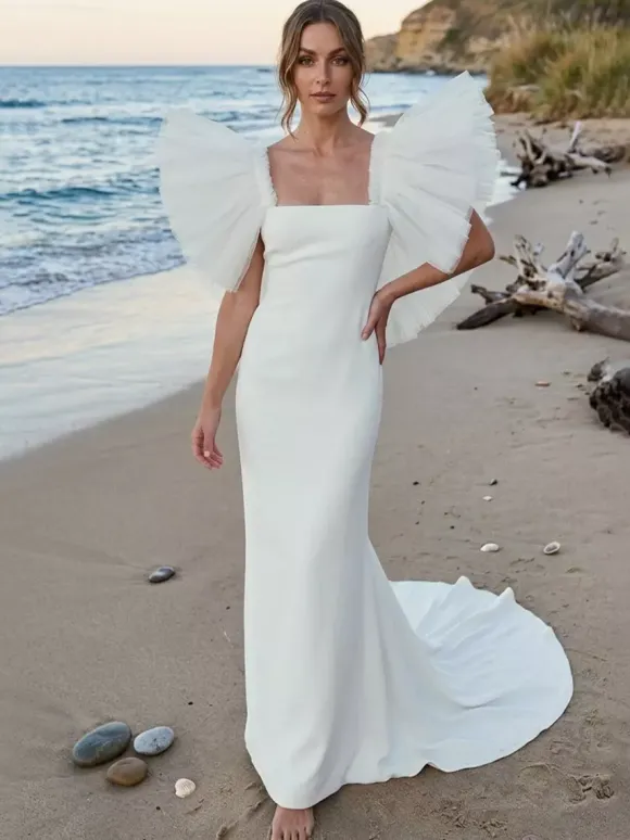Robe de mariée simple en polyester col carré manches courtes coupe sirène
