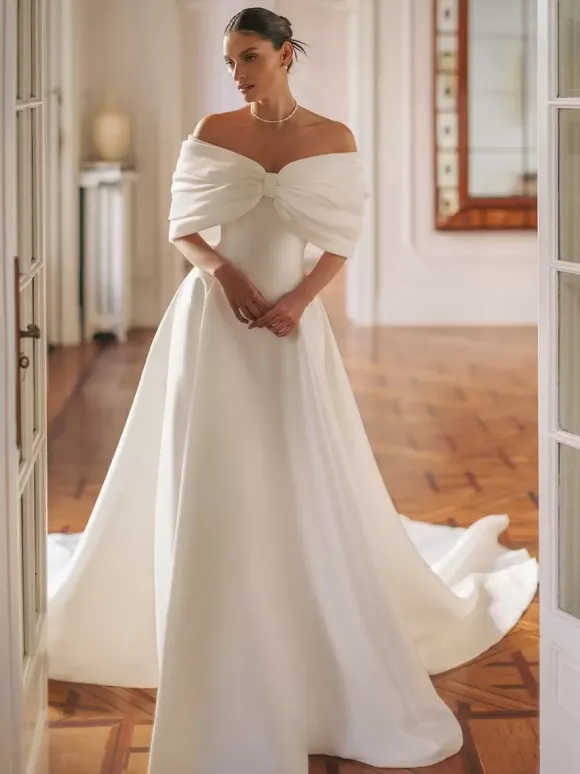 Robe de mariée simple en polyester avec décolleté sans manches et n艙uds robe de bal 50 cm