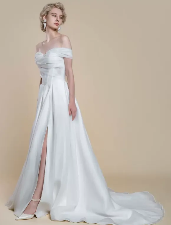 Robe de mariée simple en polyester à col bateau et manches courtes robe de bal découpée 40 cm