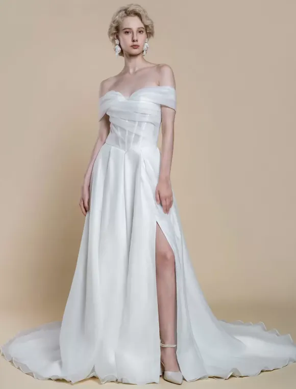 Robe de mariée simple en polyester à col bateau et manches courtes robe de bal découpée 40 cm