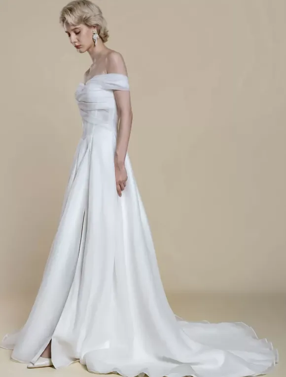 Robe de mariée simple en polyester à col bateau et manches courtes robe de bal découpée 40 cm