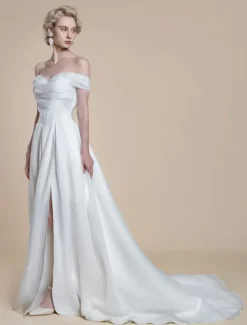 Robe de mariée simple en polyester à col bateau et manches courtes robe de bal découpée 40 cm