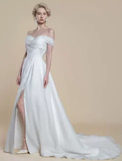 Robe de mariée simple en polyester à col bateau et manches courtes robe de bal découpée 40 cm
