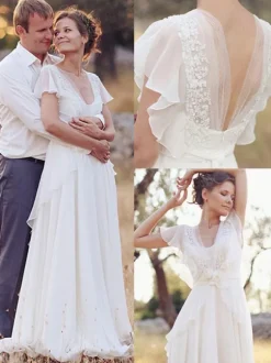 Robe de mariée simple ivoire en chiffon col V manche courte décolleté jupe volante Robe de mariage