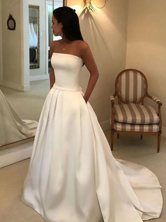 Robe de mariée simple ivoire en satin bustier zip sur dos à traîne robe de mariage