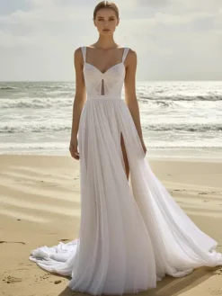 Robe de Mariée Simple Ivoire  sans manches Cou original en tulle Robes de mariée