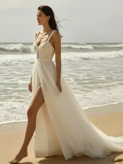 Robe de Mariée Simple Ivoire  sans manches Cou original en tulle Robes de mariée