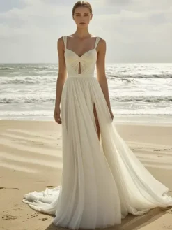 Robe de Mariée Simple Ivoire  sans manches Cou original en tulle Robes de mariée