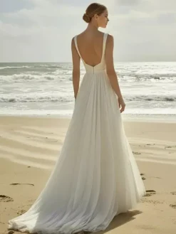 Robe de Mariée Simple Ivoire  sans manches Cou original en tulle Robes de mariée