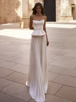 Robe de Mariée Simple Ivoire  sans manches Cou original Tissu de satin Robes de mariée