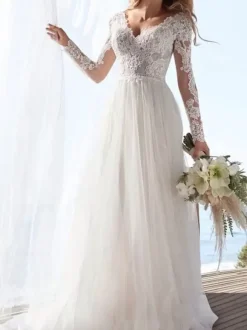 Robe de mariée simple robe de mariage en dentelle col V manche longue transparente décolleté à traîne