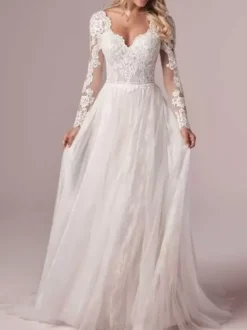 Robe de mariée simple robe de mariage en dentelle col V manche longue transparente décolleté à traîne
