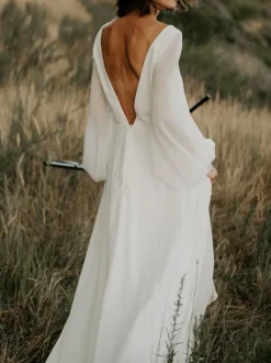 Robe de mariée simple robe de mariage col V manche longue en chiffon