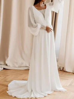 Robe de mariée simple robe de mariage col V manche longue en chiffon